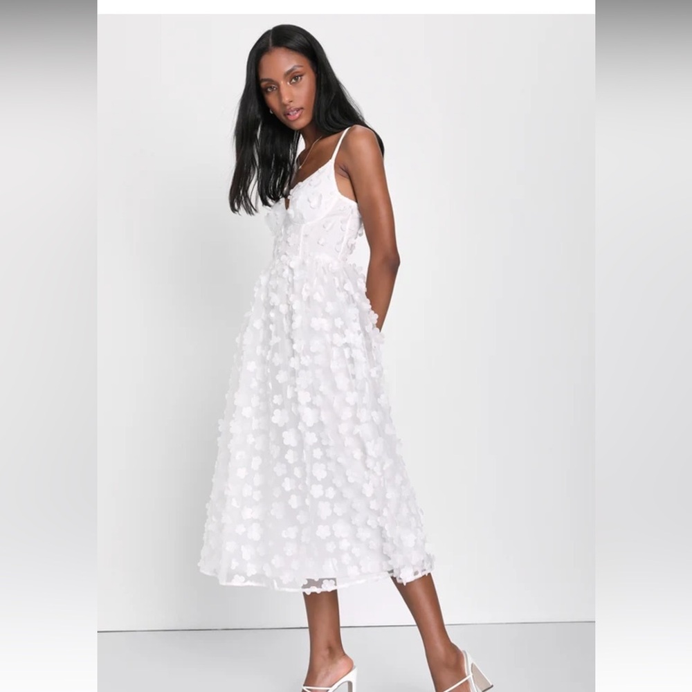 Lulus: Whimsical Wishes White 3D Floral Bustier Midi Dress
